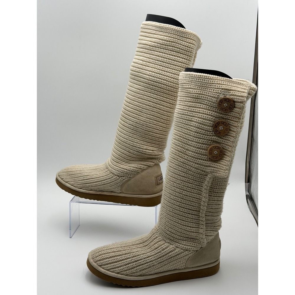 UGG Classic Cardy Womens 10 Cream Knit Suede Button Tall Sweater Boots 5879